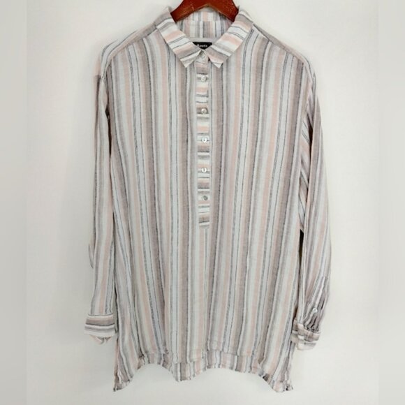 Roots 100% Linen Striped Blouse Size XL Long Sleeve Relaxed Fit Nautical Beach - Picture 1 of 7